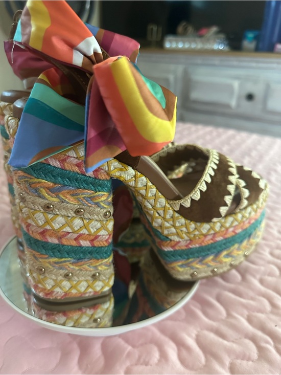 Kurt Geiger Shoes - Kurt Geiger Brown Suede Platform Sandals with Rainbow Ribbon Bow
